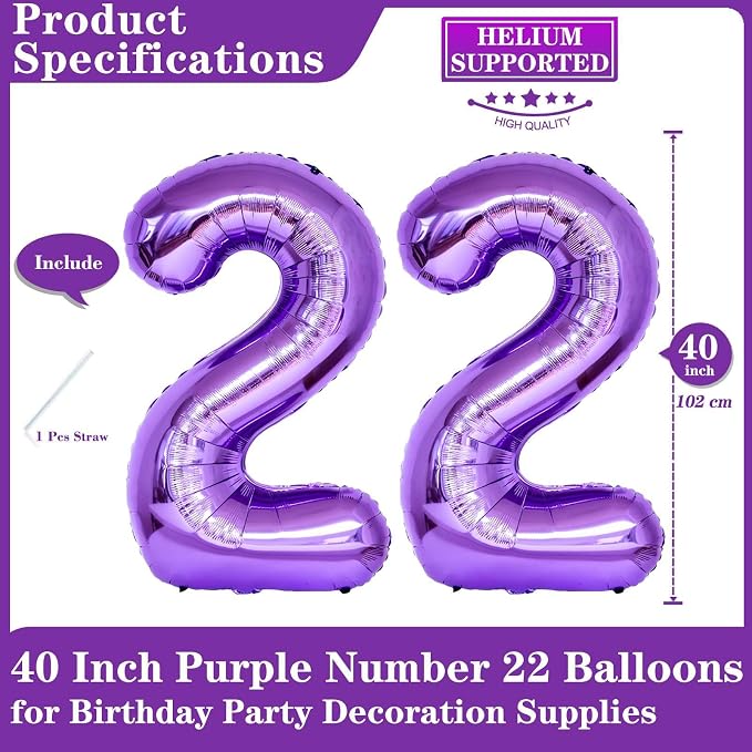 Purple 22 Number Balloons, 40 Inch Giant Number 22 Balloons Foil Mylar Helium - Image 2