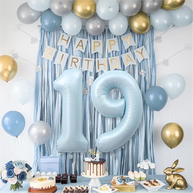 Foil 19 Balloon, Light Baby Blue Big Number 19 Balloons - Image 6