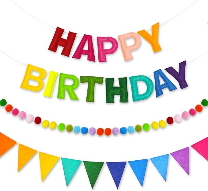 CANREVEL 3 PCS Pre-Strung 3D Happy Birthday Banner Decorations, Rainbow | by CANREVEL