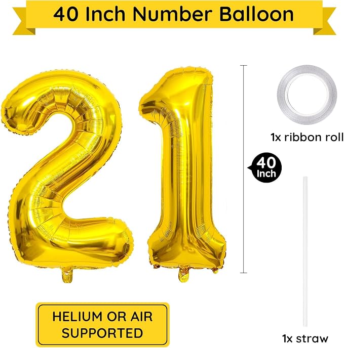 Gold Number 21 Balloon, 40 Inch Large 12/21 Number Foil Mylar Balloons - Image 2