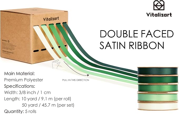 Vitalizart Green Ribbons for Crafts 3/8" x 50Yds Double-Faced Satin Ribbon | - Image 2