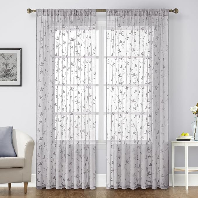 HOMEIDEAS Light Grey Sheer Curtains 2 Panels, Embroidered Vine Leaf, W52xL84 | by HOMEIDEAS