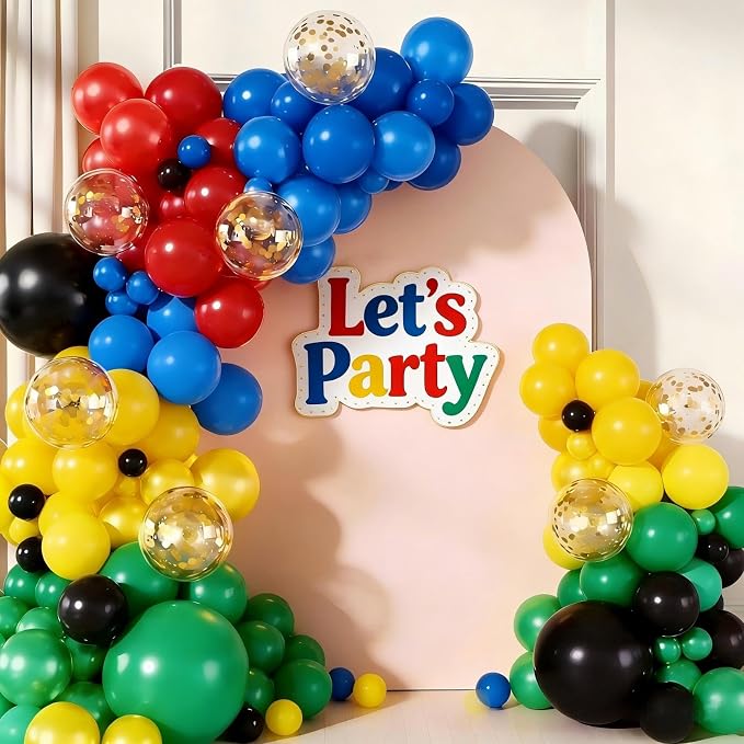 160Pcs Red Blue Yellow Green Black Balloon Garland Arch Kit | Latex Balloons by Unknown