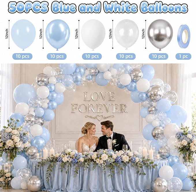 Blue and White Balloons, 12 Inch Baby Pastel Light Blue White Metallic Silver - Image 2