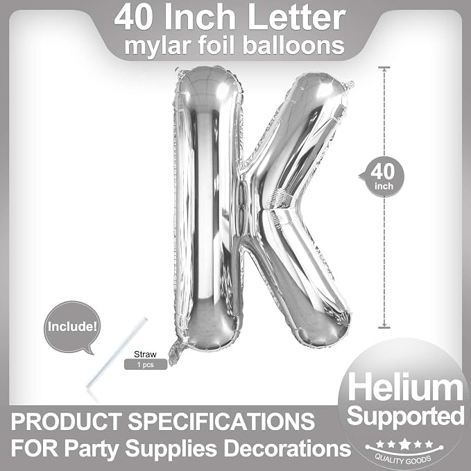 40 Inch Silver Letter K Balloons, DIY Phrase Foil Alphabet Letter K Balloons - Image 2