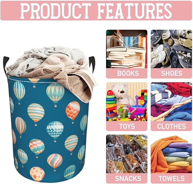 Cute Hot Air Balloons Round Laundry Hamper Storage Basket Toys Clothes - Image 5