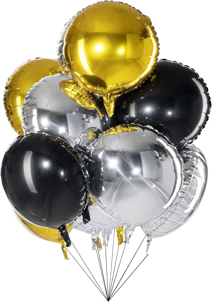 18" Black Gold Silver Balloons Round Foil Mylar Helium Balloons by Adeer
