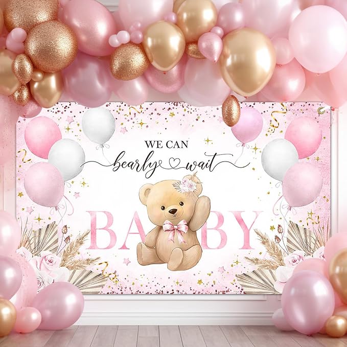 Pink Bear Baby Shower Backdrop 7x5 ft We Can Bearly Wait Banner - Image 4