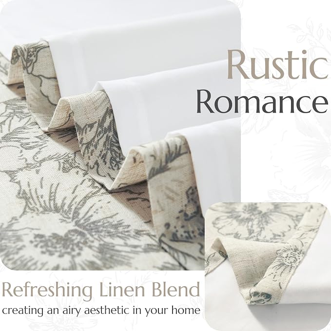 jinchan Gray Floral Linen Curtains Lined 63 Inch Vintage Back Tab 2 Panels | - Image 3