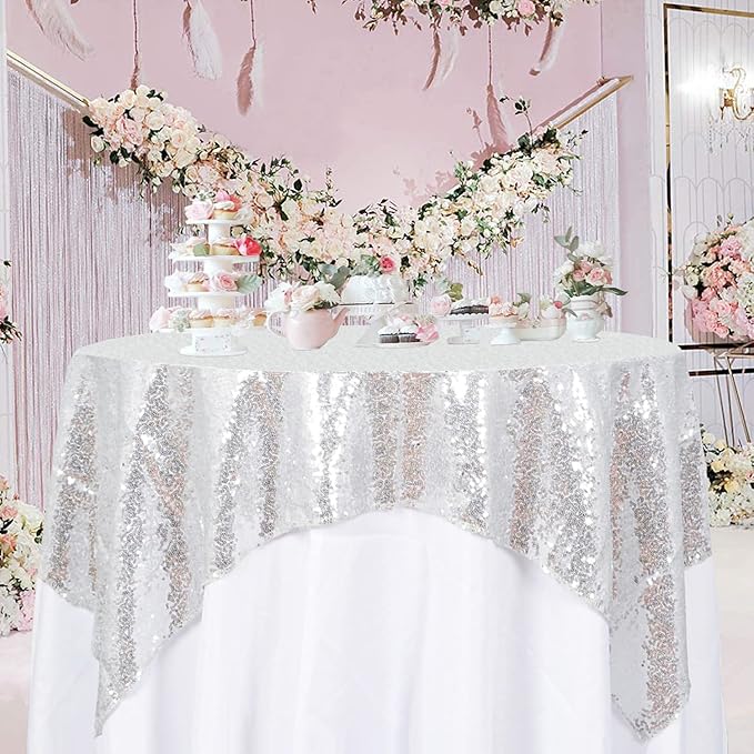ShinyBeauty Sequin Tablecloth Silver 72''x72'' Square Glitter Table Cover Silver Table Cloths for Parties Wedding TableCover Event Decor Sparkley Tablecloth Kitchen Linen