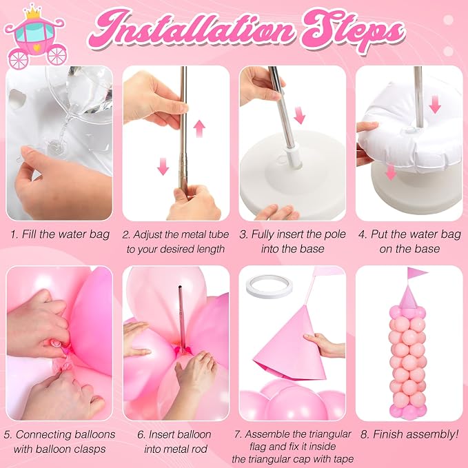 2 Sets Adjustable Pink Princess Castle Balloon Column Stand Kit Includes 140 - Image 3