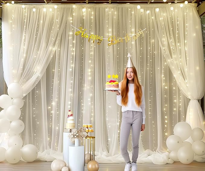 Ivory Tulle Backdrop Curtains with Lights String for Parites Wedding 20×10ft Ivory Sheer Backdrop Curtains for Baby Shower Birthday Party Photo Shoot Background Decorations(4 Panels 5ft×10ft)