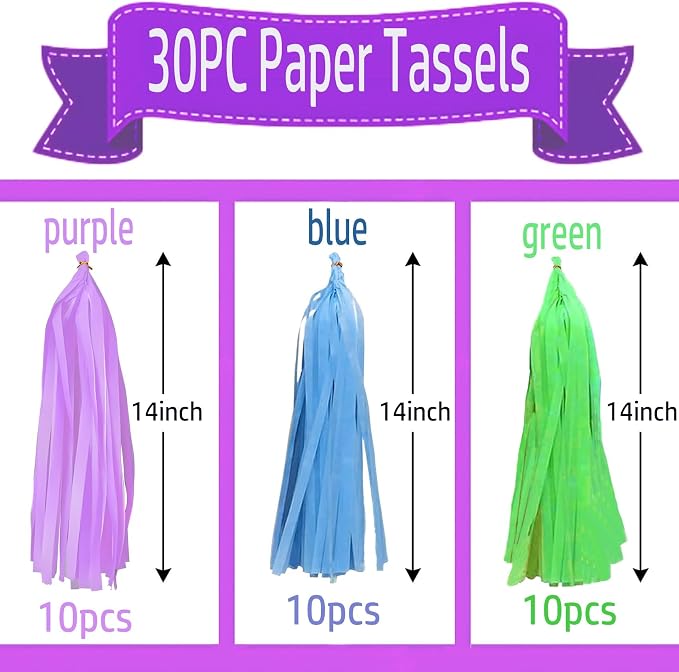 Purple Green and Blue Tissue Paper Tassels 30pcs Streamers Party - Image 2