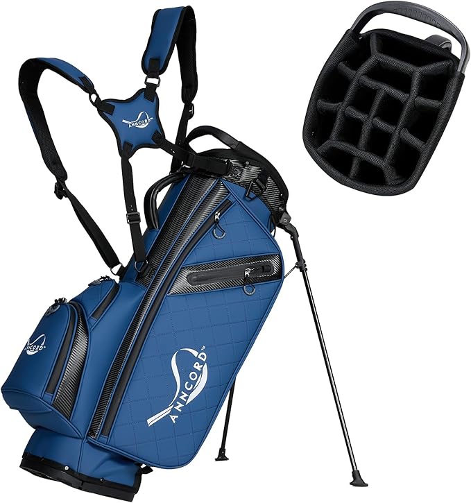 Golf Stand Bag with 14 Way Full Length Dividers, PU Leather Golf Bag for Men, Waterproof Golf Bags with Stand, 6 Pockets & Cooler Pouch, Adjustable Dual Straps, 2 Rain Cover Hood