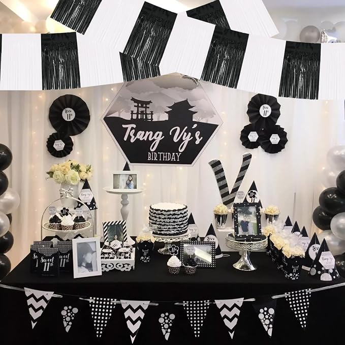 BEISHIDA Black White Fringe Garland Banner 30ft Wall Tinsel Foil Streamers | - Image 4
