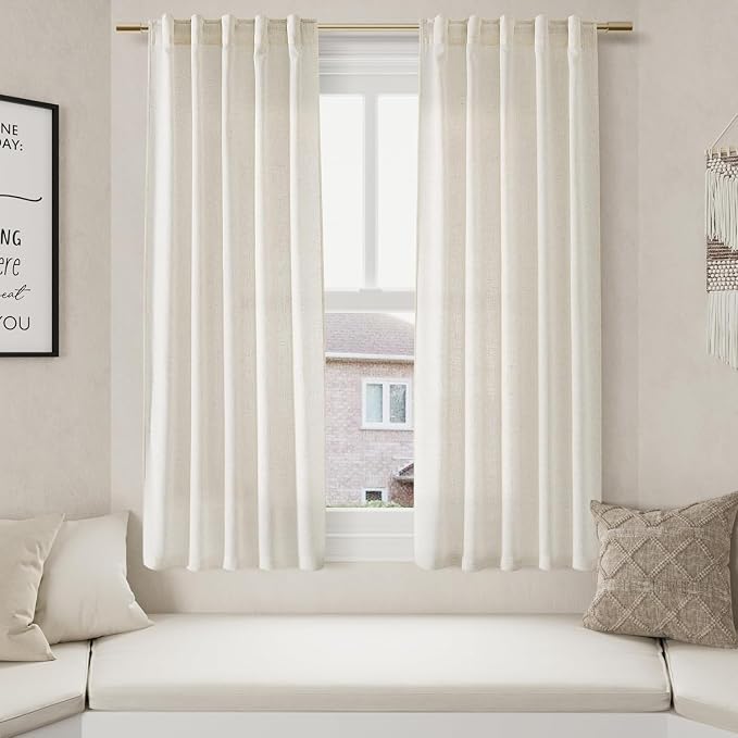 60 Inch Length Linen Curtains Cream Semi Sheer Light Filtering Back Tab and Rod - Image 5