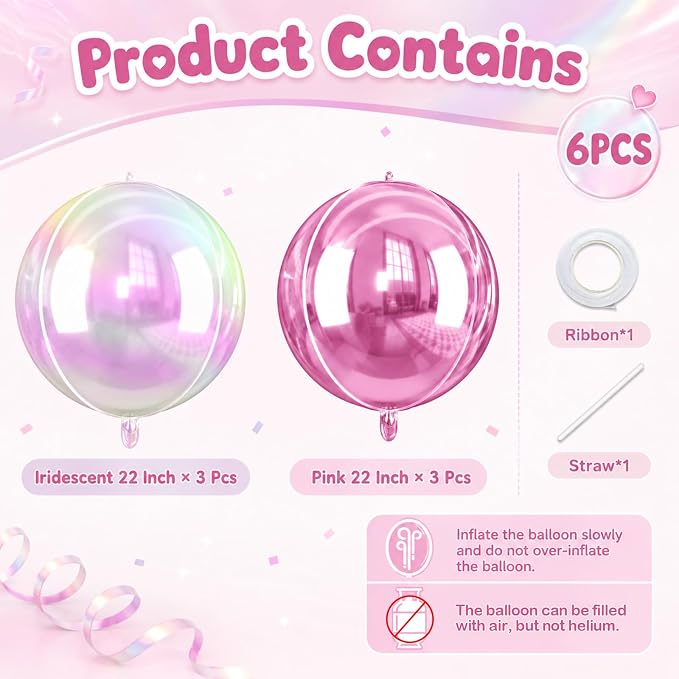 Pink and Iridescent Round Balloons Foil, 22Inch Round Shaped Ball Balloon - Image 2