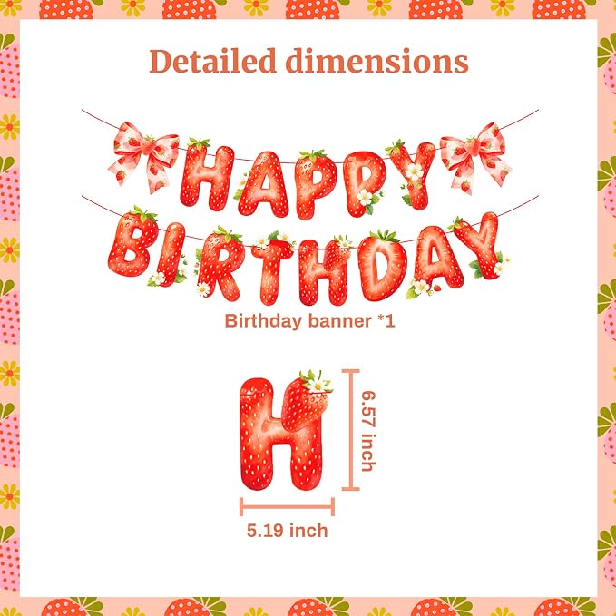 MEETINGU Strawberry Happy Birthday Banner, Watercolor Style, - Image 2