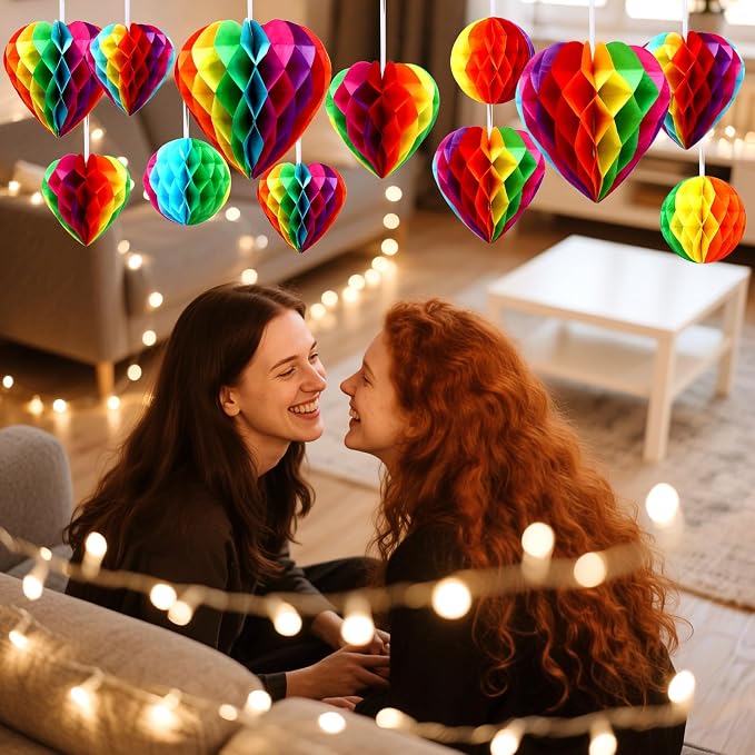 BOARDFEB 12 Pcs Rainbow Heart Round Paper Honeycomb Balls Pride Decorations | - Image 3