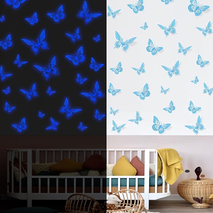 SAOROPEB Glow in The Dark 3D Butterfly 24 Pcs Blue Butterfly Stickers | 3 Sizes by SAOROPEB