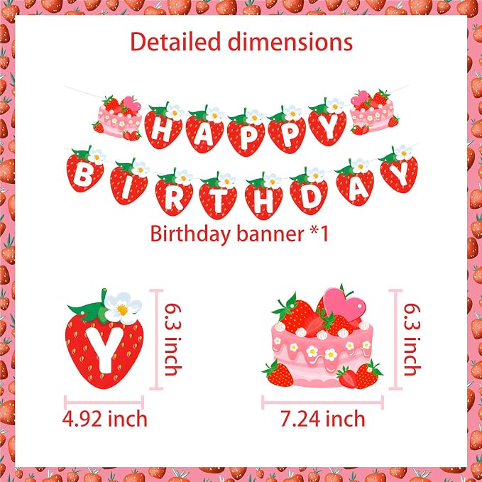 MEETINGU Strawberry Cake Happy Birthday Banner, Strawberry Themed Birthday - Image 2