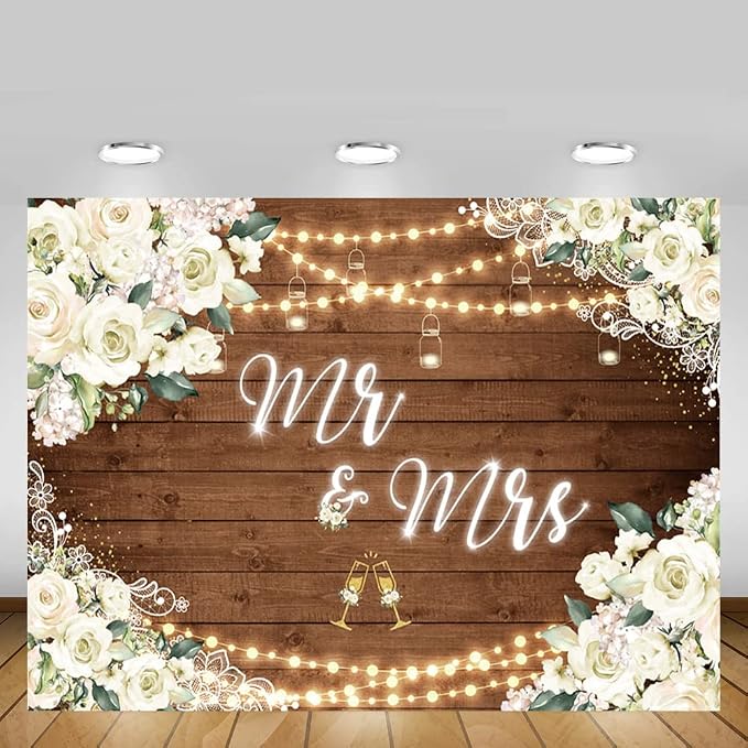 MEHOFOND 10x7ft White Floral Mr & Mrs Engagement Decorations Backdrop Couples - Image 5