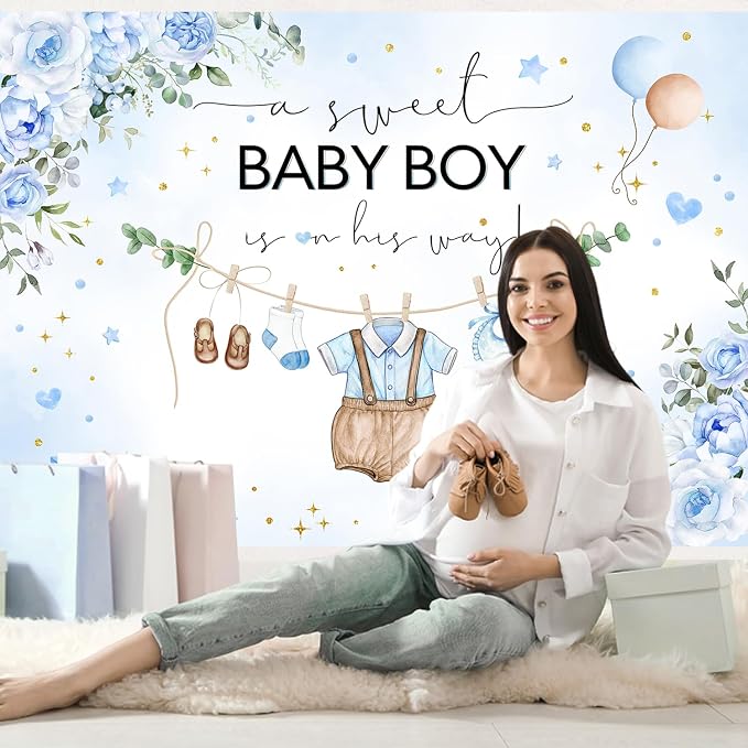 InMemory Blue Baby Shower Backdrop Oh Baby Clothes Welcome Newborn Party - Image 2