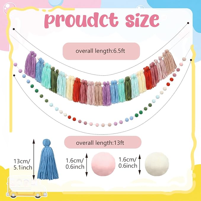Thiccywoov 2 Pcs 6.5 ft Colorful Teacher Desk Pom Pom Tassel Garland Classroom - Image 2
