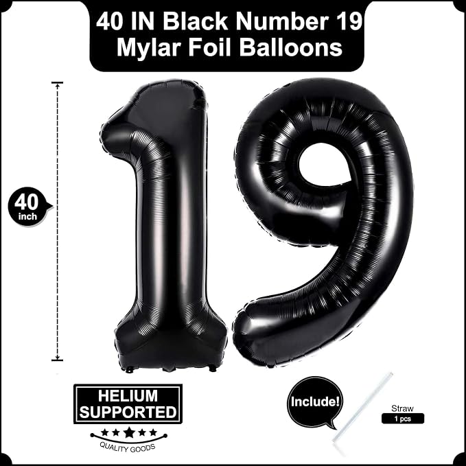40 Inch Black 19 Balloons Giant Number 19 Balloons Black 19 Birthday Balloons - Image 2