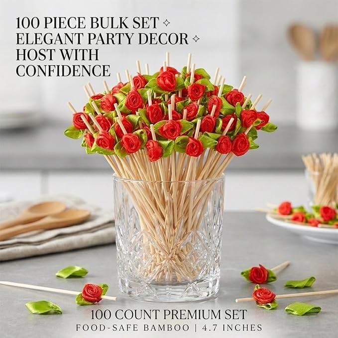 100PCS 4.7" Flower Cocktail Picks, Ribbon Rose Toothpicks Appetizer Skewers | - Image 7