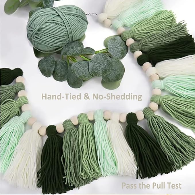 Green Tassel Garland with Wood Beads - Image 3