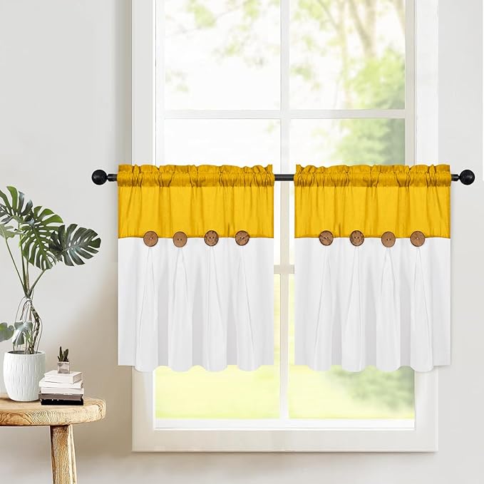 Farmhouse Kitchen Curtains 24 Inch Length, Rustic Cotton Linen Tier Curtain by FRAMICS
