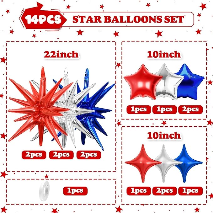 14pcs Blue Red Silver Star Balloons, Mixed Star Foil Balloon, 22Inch Explosion - Image 3