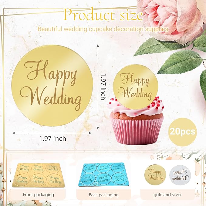 20Pcs Gold Acrylic Wedding Cupcake Toppers - Image 2
