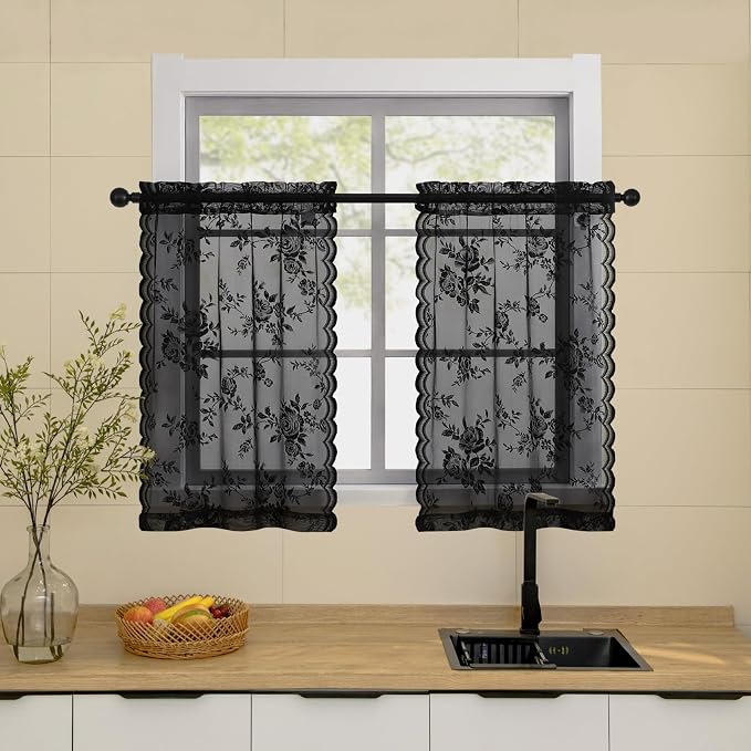 SEEKRIGHT Black Lace Cafe Curtains 36 Inch Length Rod Pocket Privacy Sheer - Image 2