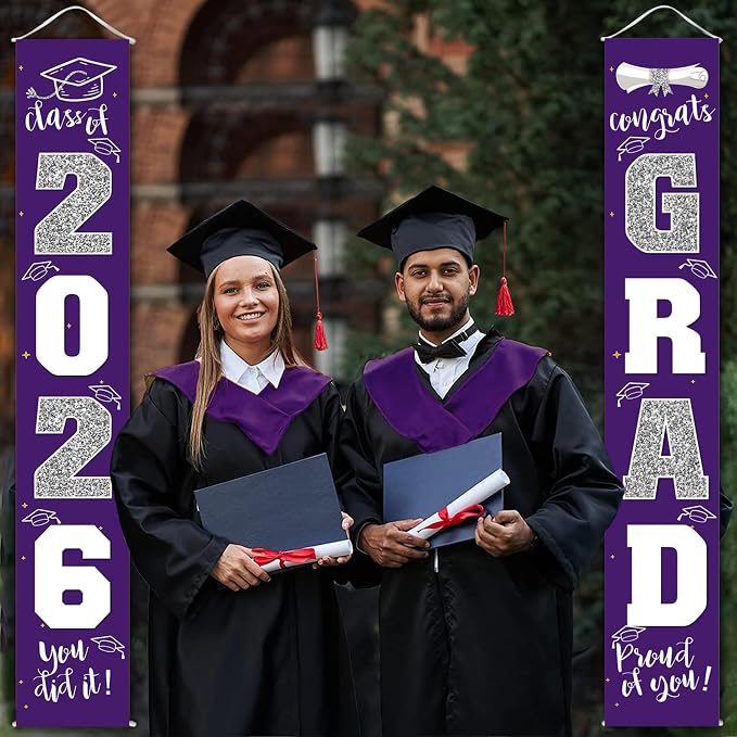 Graduation Decorations 2026 Banner Porch Sign Purple Silver - Image 2