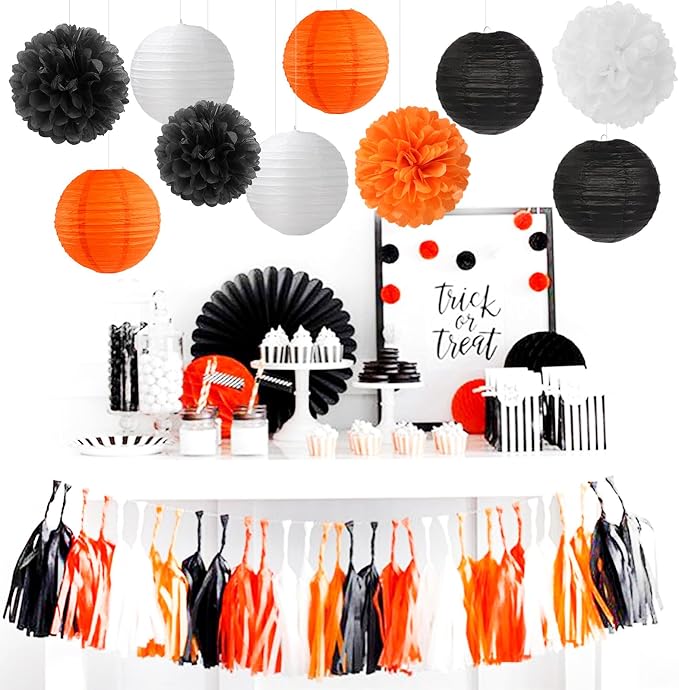 Orange-Black White Party-Decorations Paper-Flowers Lanterns - Image 4