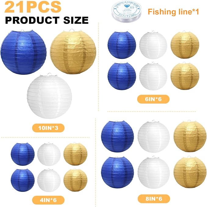 21Pcs Blue Paper Lanterns, 4-10in Hanging Decor - Image 2