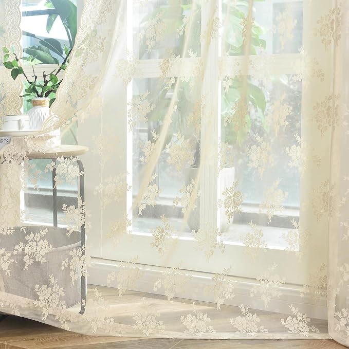 Kotile Beige Floral Lace Curtains - Image 4