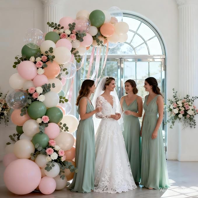 Pink and Sage Green Balloons Arch Kit, Dusty Green Sand White Orange, Party | - Image 6