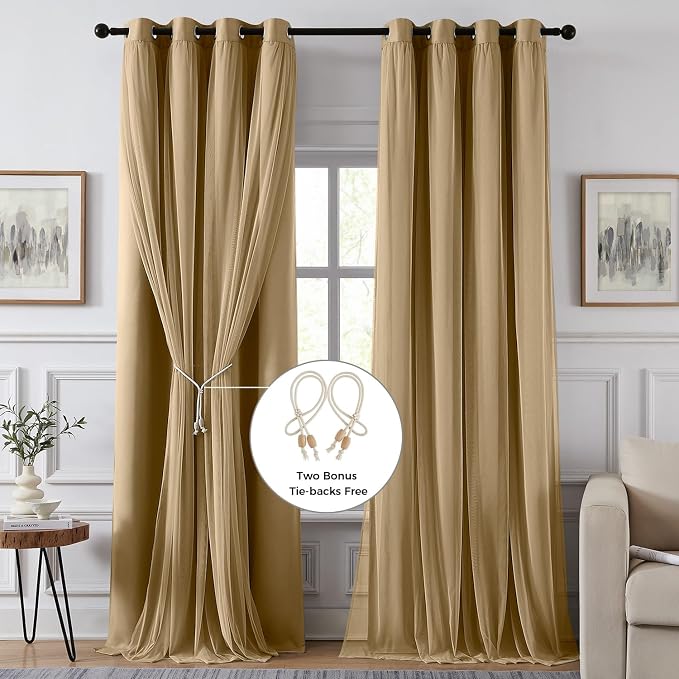 100% Blackout Curtains for Bedroom, Double Layer Khaki Curtains, Room Darkening - Image 2