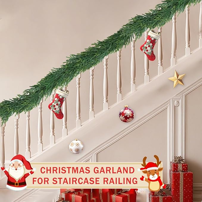 16 Ft Christmas Cedar Garland for Staircase Railing Real Touch Soft Bendable Faux Winter Xmas Greenery Pine Garlands Mantle Garland for Decoration for Window Fireplace Door Railing Wall Home Decor