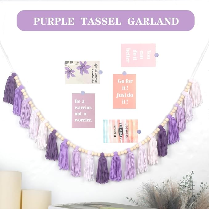 Purple Yarn Wood Bead Tassel Garland Wall Hanging Decor Boho Lavender Banner - Image 2