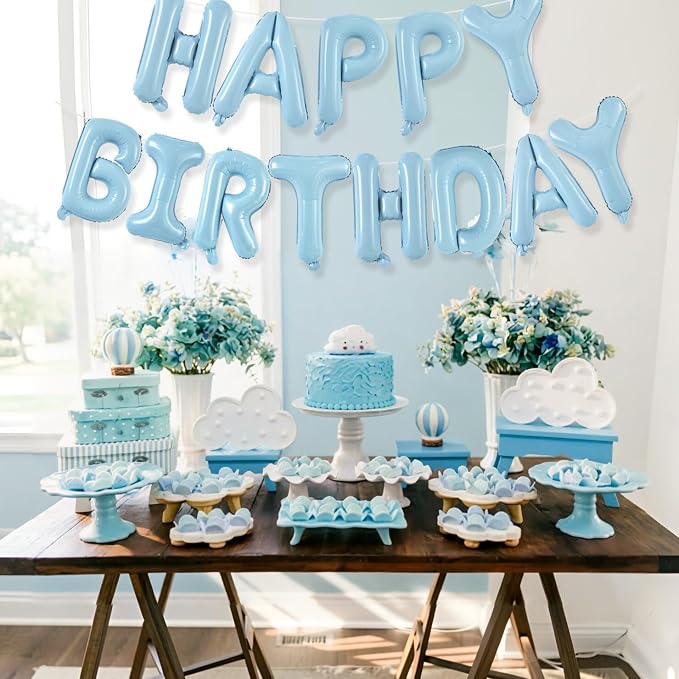 TONIFUL 16 Inch Pastel Blue Happy Birthday Balloons Banner Decor - Image 3