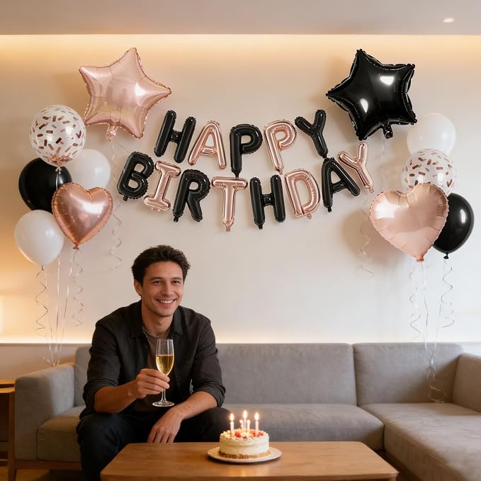 27 Pcs Rose Gold Black Birthday Decorations, 3D Letters Rose Gold Black Happy - Image 5