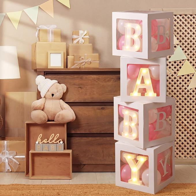 Baby Balloon Boxes with B, Y Light up Letters 4 White Transparent Square Boxes - Image 5