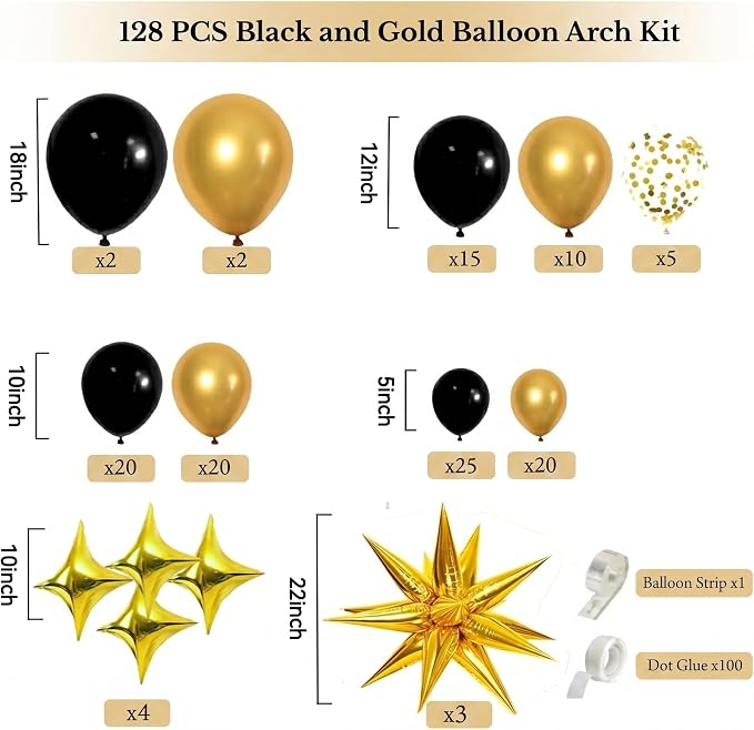 128 PCS Black and Gold Balloon Arch Kit, Anniversary, New Year, Birthday - Image 2