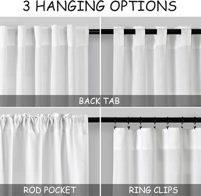 45 Inch Linen White Curtains for Kitchen Short Window Semi Sheer Light - Image 2