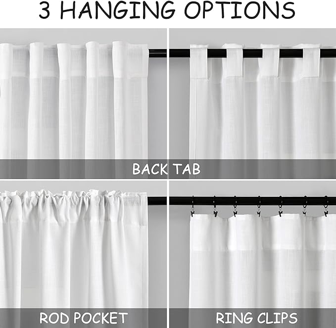 Linen White Curtains 108 Inches Long 2 Panels Set Back Tab Rod Pocket Semi - Image 3