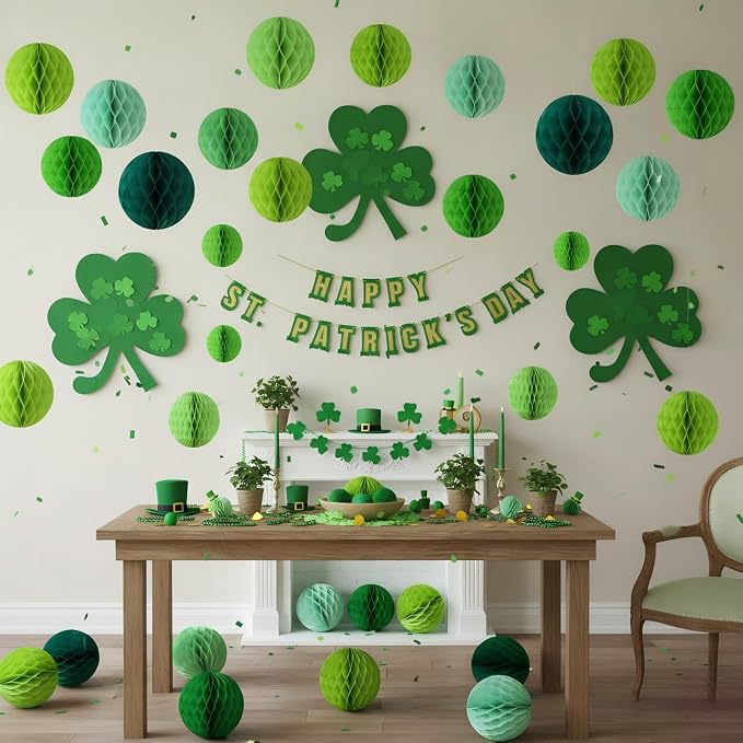 Green Paper Honeycomb Balls, 12 Pack Hanging Tissue Pom Poms - Image 2